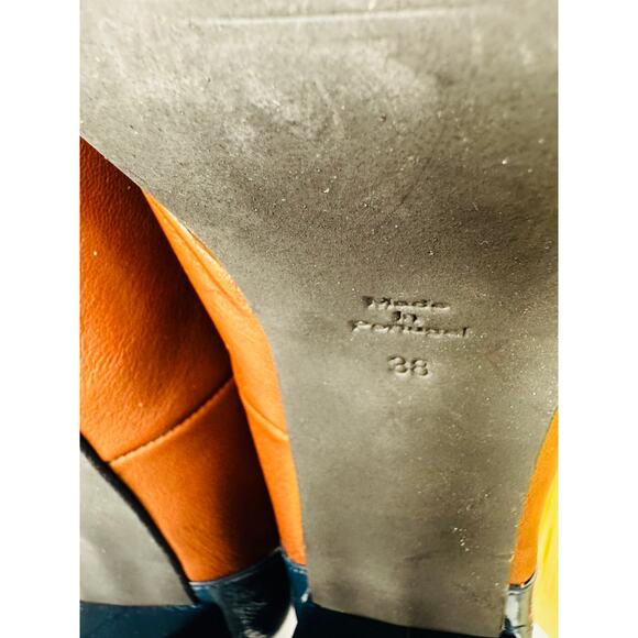 Fly London ERIL Platform Pumps Cognac & Navy Leather Retro 70s Chunky Heel 38 - Picture 4 of 11